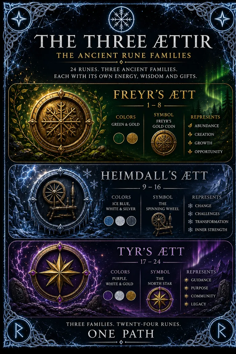 The three ættir — Freyr’s, Heimdall’s and Tyr’s ætt — from the ICE WHISPERS rune deck
